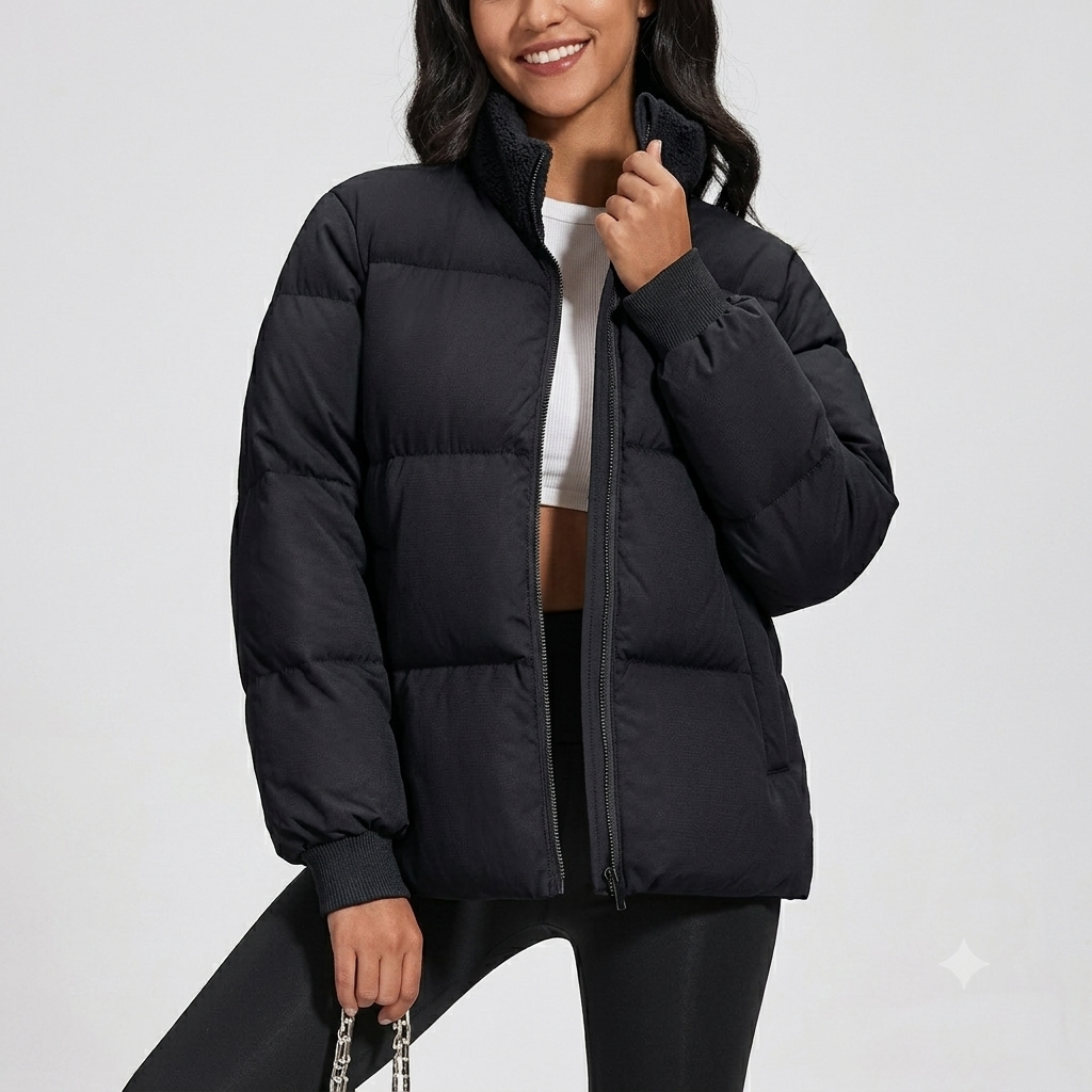MAGCOMSEN Women's Down Jacket Short Baggy Puffer Water-resistant Coat Long Sleeve Warm Padded Outerwear with Pockets, Black, 2XL