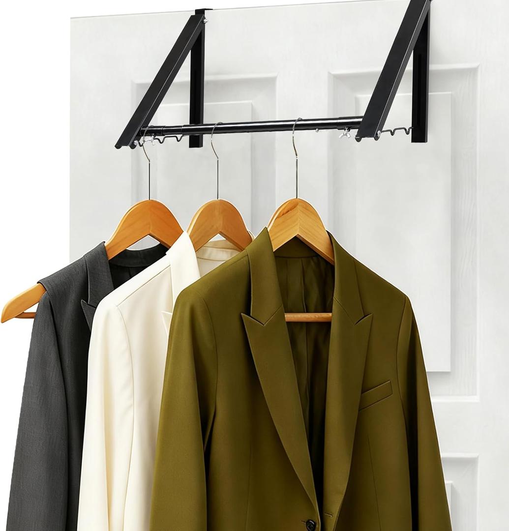 Over The Door Hanger, Foldable Over The Door Drying Rack with 20"-32" Expandable Width, Space Saving Doors Clothes Hanger for Laundry, Bathroom, Apartment, Fits Doors up to 1-1/4, Metal, Black