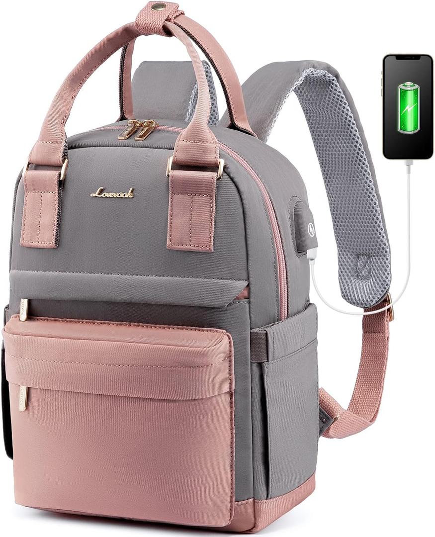 LOVEVOOK Mini Backpack for Women Stylish Waterproof Backpack Purse with USB Port, Cute Bookbag for College School Travel (11 Inch, Pink & Grey)