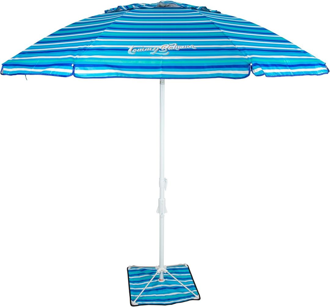 Tommy Bahama 7' ANCHORX Adjustable Beach Umbrella Base System with Sand Anchor and Carrying Bag, SPF 50+ Protection Portable Outdoor Market Umbrella, Blue Stripe