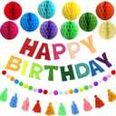 Pre-Strung Happy Birthday Decor, 3D Felt Birthday Banners Poms Pom Fabric Party Garland, Plush Tassels, with 10PCS Honeycomb Balls, Large Rainbow Reusable Party Celebration Decorations