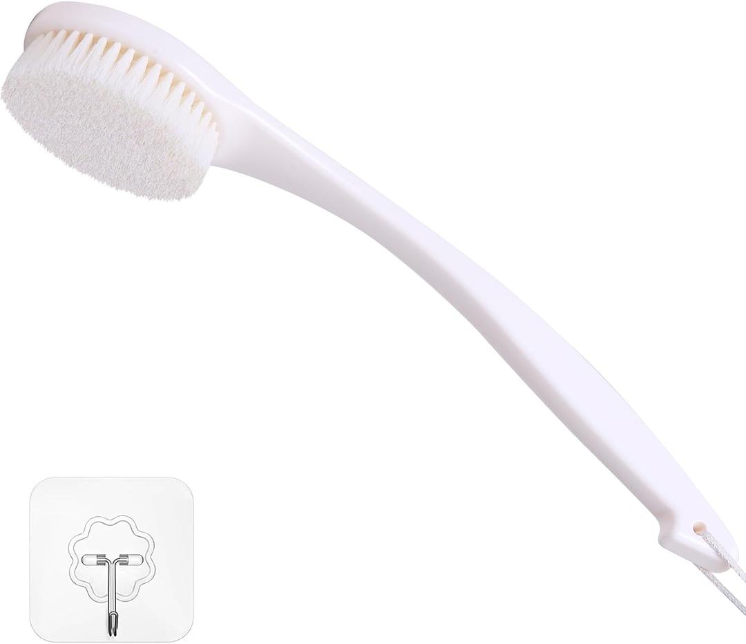 Bath Brush Long Handle for Shower, Soft Bristle Back Scrubber for Shower, Ergonomics Curved Long Handle Back Brush Exfoliating Body Scrubber with Hook and Lanyard-Cream White