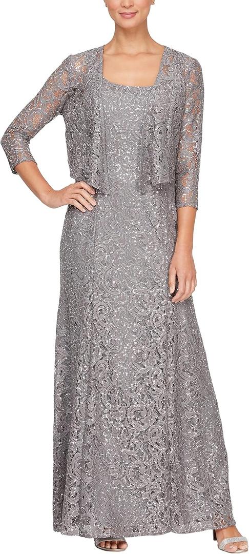Alex Evenings Women's Long Lace Jacket Dress (8, Charcoal)