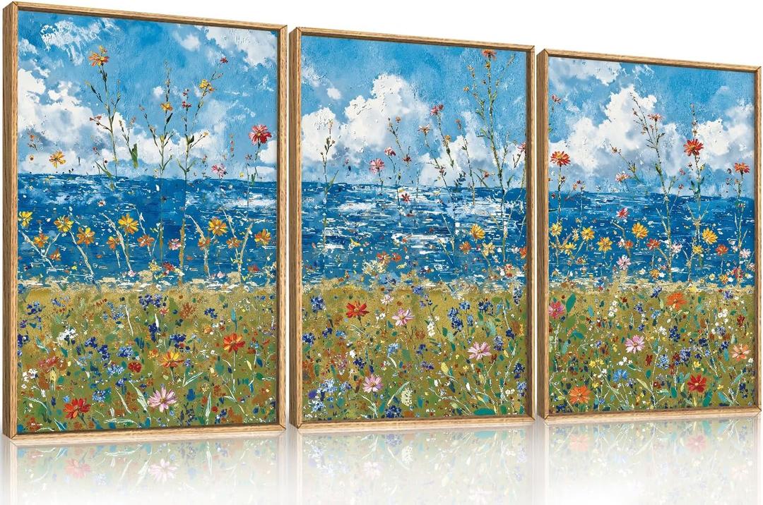 BICERE Large Blue Seaside Wildflower Framed Canvas Wall Art,Modern Nature Ocean Wall Decor,Rustic Sky Printing,White Cloud Landscape Artwork for Living Room,Bedroom,Dining Room-24"x36"x3