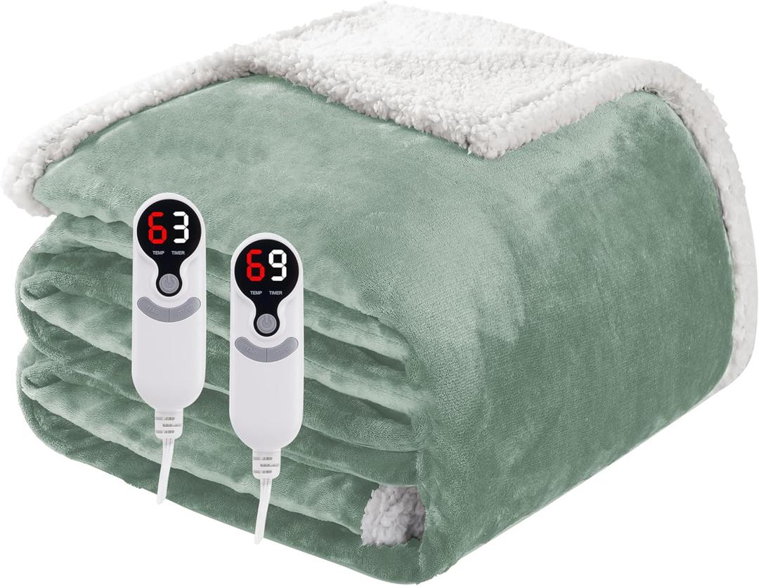 Electric Heated Blanket Queen Size 84"x90", Soft Flannel with Dual Controllers & Overheat Protection, 9 Adjustable Heat Settings & 10-Hour Auto-Off Timer, Fast Heating for Winter Comfort, Light Green