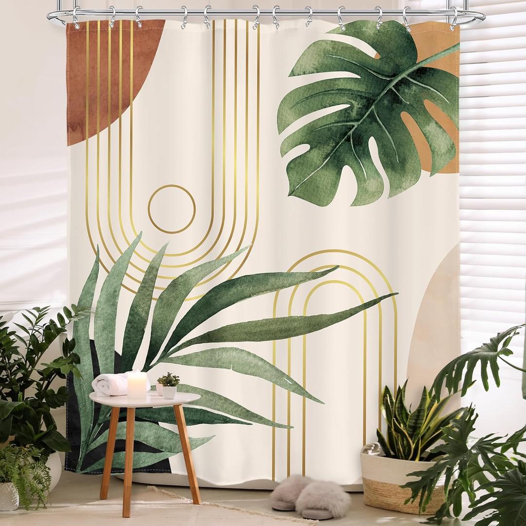 Glawry Abstract Extra Long Shower Curtain 72Wx84L Inches Tropical Leaf Mid Century Modern Geometric Contemporary Boho Bathroom Plant Botanical Bath Accessories Art Home Decor Fabric 12 Pack Hooks