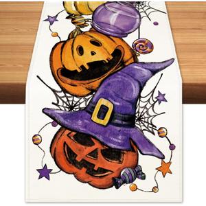 Halloween Pumpkin Spooky Table Runner Witch Hat Spider Webs Burlap Table Runners, Autumn Seasonal Coffee Table Center Decor for Home Kitchen Dining Party Indoor Outdoor 13x90 Inch
