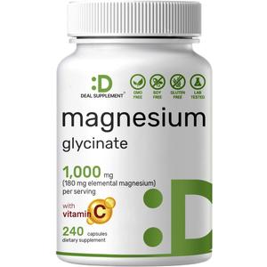 Magnesium Glycinate 500mg Per Capsule (1000mg Per Serving) Plus Vitamin C, 240 Capsules – 100% Chelated for Easy Absorption – Essential Mineral Supplement