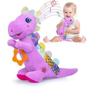 Baby Dino Musical Stuffed Animal Toys for 0-3-6-9-12 MonthsInfant Dinosaur Tummy Time Toys with Crinkle Sound PaperTeetherTextures & Rattles for Newborn Boys Girls Birthday GiftsPurple