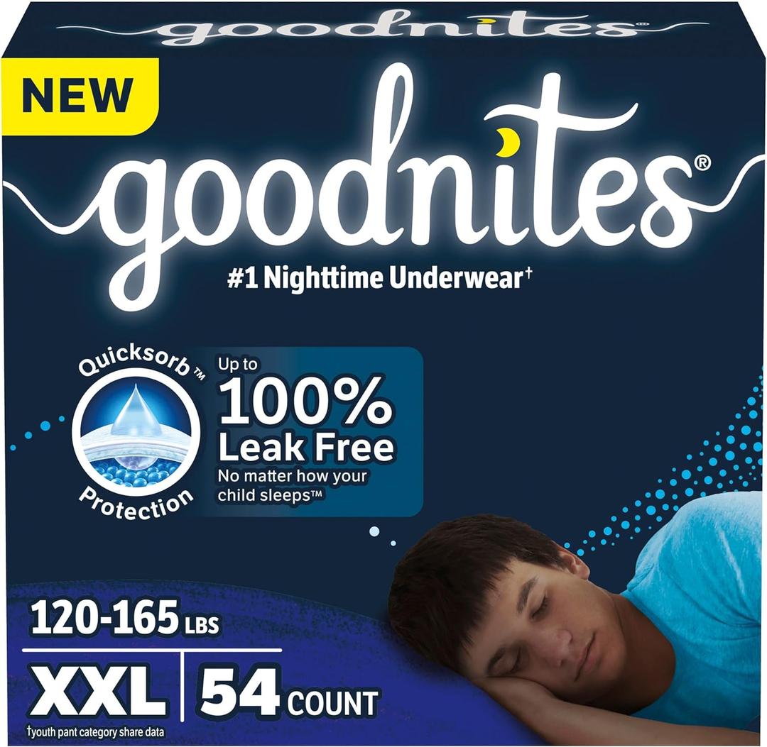 Goodnites Boys' Nighttime Underwear, Size XXL (120-165 lbs), 54 Ct