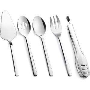 KINGSTONE Large Hostess Serving Utensils Set,18/10 Stainless Steel Heavy Duty 10inch Serving Spoons,Slotted Spoons,Serving Fork,Serving Tongs, Cake Pie Server For Buffet, Wedding, Party (5, Silver)