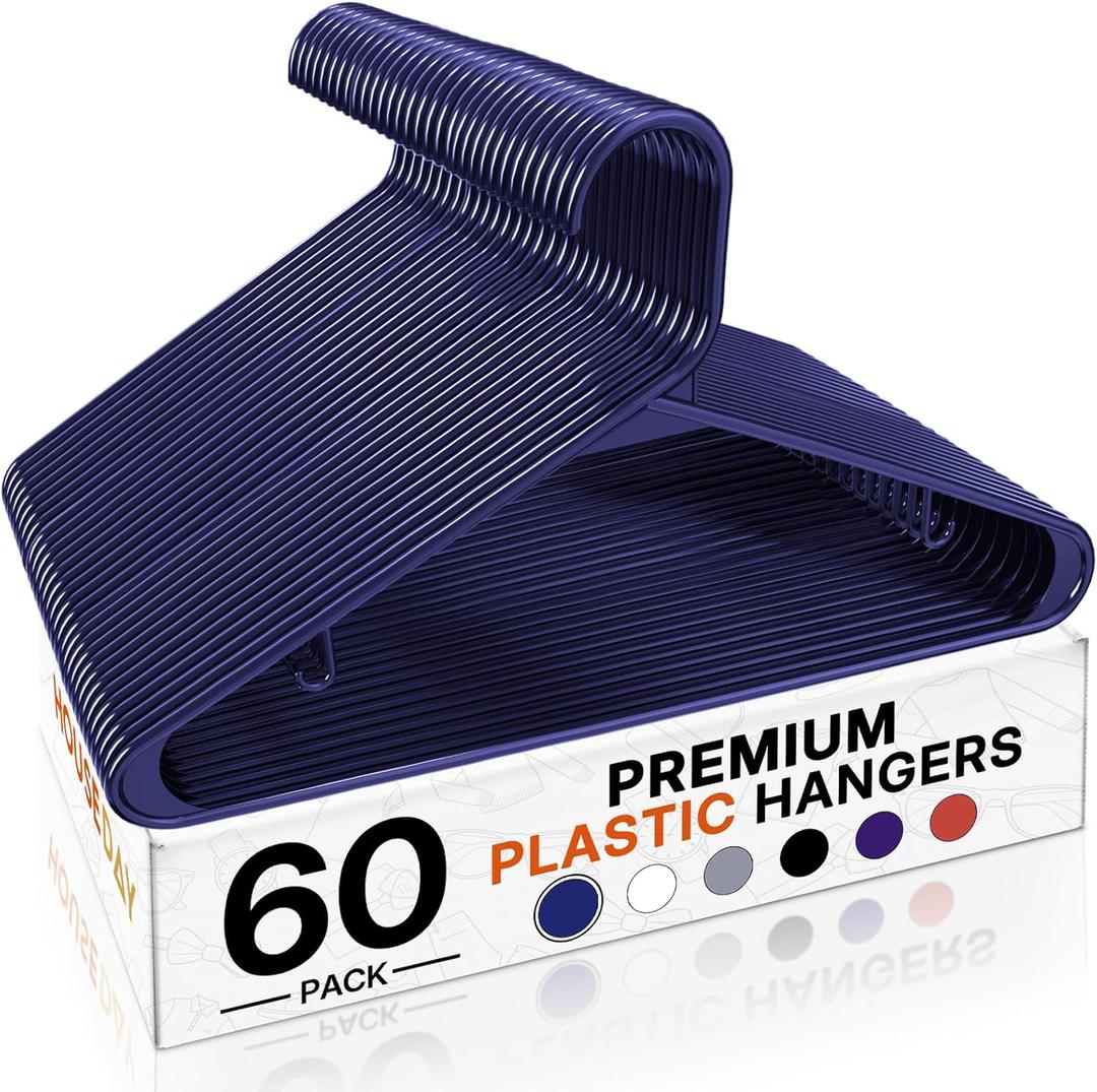 HOUSE DAY Blue Plastic Hangers 60 Pack, Clothes Hangers with Non Slip Hooks, Durable & Space Saving Coat Hanger, Light-Weight Clothing Hangers, Perfect Closet Organizer for Everyday Use