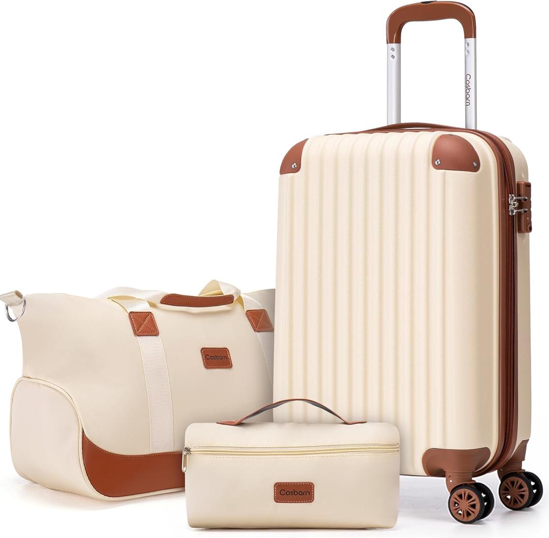 Carry On Luggage Sets 3 Piece, 20 Inch Luggage 22x14x9 Airline Approved with Wheels and TSA Lock, ABS Lightweight Hardshell Travel Suitcase Set with Duffel Bag Travel Bag for Men Women (Beige)