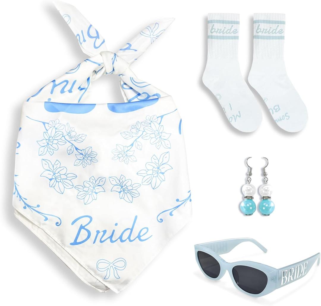 4 Pcs Bride Head Scarf, Sunglasses, Earrings,Bride Socks Accessories for Bridal Shower Bachelorette Party Wedding Day