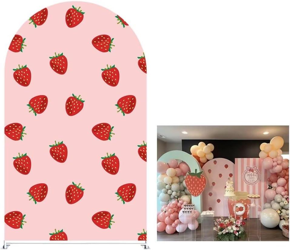KONPON Pink Strawberry Theme Arch Backdrop Covers Sweet Strawberry Arch Stand Fabric Cover for Girl Birthday Baby Shower Party Decoration(Only Cover), Size: 3ftx6.5ft