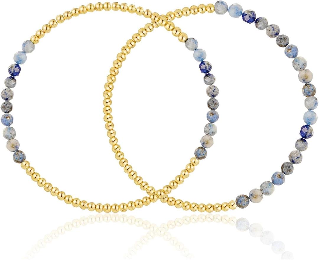 Kainier Gold Beaded Bracelets for Women 2Pairs 14K Gold Plated Stretch Bracelet Set Stackable Tarnish Dainty Natural Stone Bead Bracelets Gift (Aquamarine)