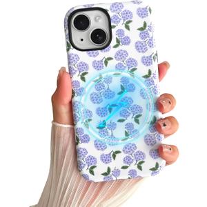 Skyseaco for iPhone 13/ iPhone 14 Case [Compatible with Magsafe] Cute Floral Print Hydrangea Phone Case, Dual Layer Hard Shell Protective Cover for Women Girls - Purple