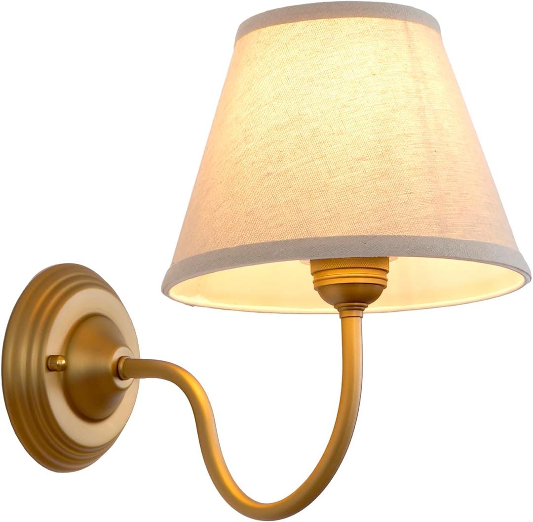 Vintage Curved Arm Fabric Wall Sconce with Linen Cloth Shade, Hardwired Indoor Single Sconce Light Wall Mounted Lamp for Bedroom Living Room Stairs Hallway