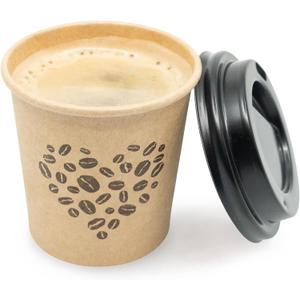 Disposable Espresso Cups with Lids - 4 Oz - 50 Sets - Kraft Coffee Print - Small To Go Paper Cups with Tops for Home Office or Party