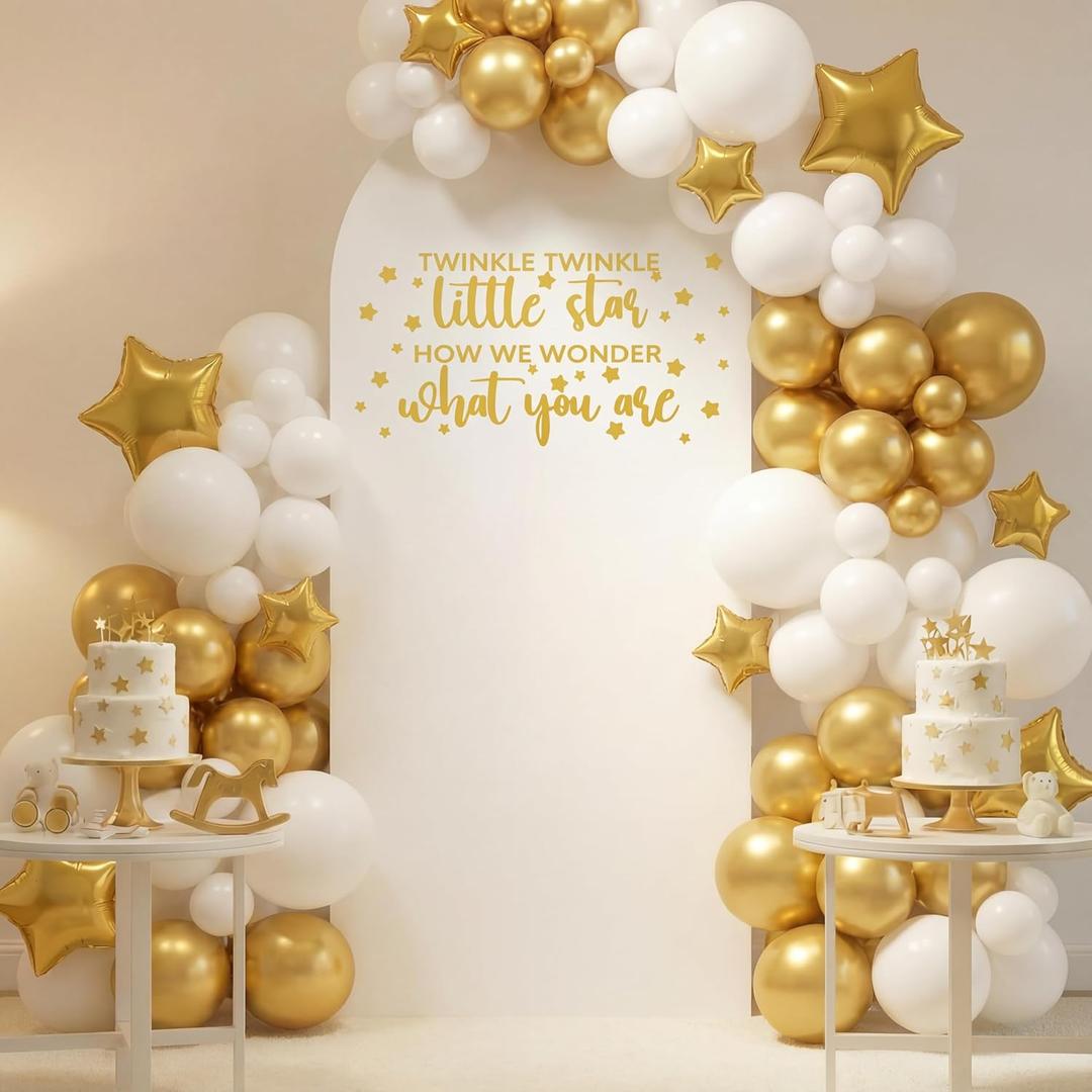 Moukeren Twinkle Twinkle Little Star Gender Reveal Arch Backdrop Cover 6.6 ft How We Wonder What You are Gender Reveal Baby Shower Party Supplies Photoshoot Backdrop (gold)