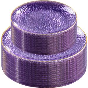 Rubtlamp 60Pcs Clear Purple Gold Plastic Plates, Purple Disposable Plates With Gold Rim, Hammered Plastic Plates Include 30 Clear Dessert Plates, 30 Dinner Plates for Party