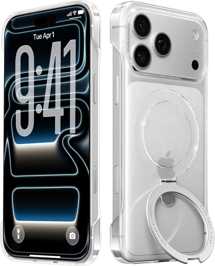 TORRAS Ostand Ultra Slim for iPhone 17 Pro Case Clear 6.3'', [Never Yellow] Magnetic Stand [Fit for MagSafe], Frameless with Thin Minimalist Case for iPhone 17 Pro, Hard PC Protection