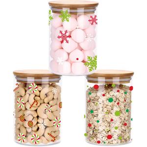 3 Pcs Christmas Glass Storage Jars with Airtight Bamboo Lid 3 Style 18.6 oz Xmas Clear Decorative Canisters Set for Winter Home Kitchen Countertop Christmas Party Supply (Candy Cane Design)