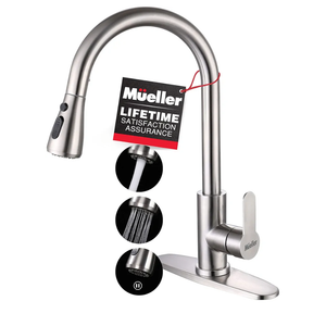Mueller Single Handle Stainless Steel Kitchen Sink Faucet, High Arc, Single Lever, Pull-Out Sprayer Head, Stream Flow, Powerful Spray Kitchen Sink, with Deck Plate Brushed Nickel Finish