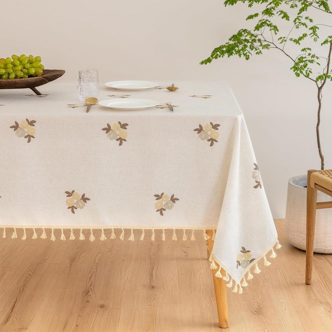 Meikelor Floral Linen Table Cloth for 8 Foot Rectangle Table Brown Flower Pattern Embroidered Tablecloth Cream Colored Fabric Neutral Farmhouse Thick Faux Burlap Tablecloth for Dining Buffet 60 x 144