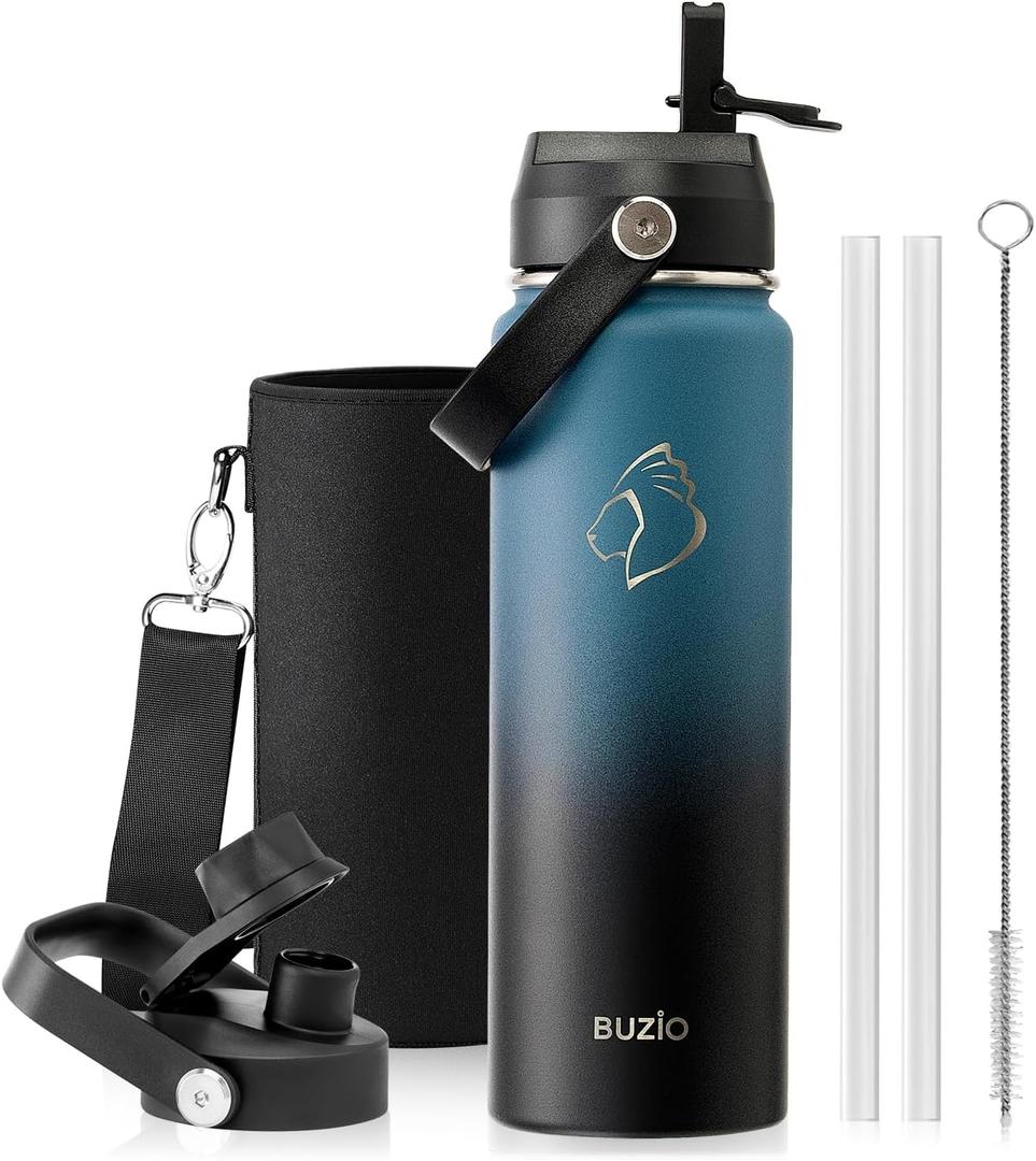 BUZIO 24 oz Insulated Stainless Steel Water Bottle with Straw & Spout Lids