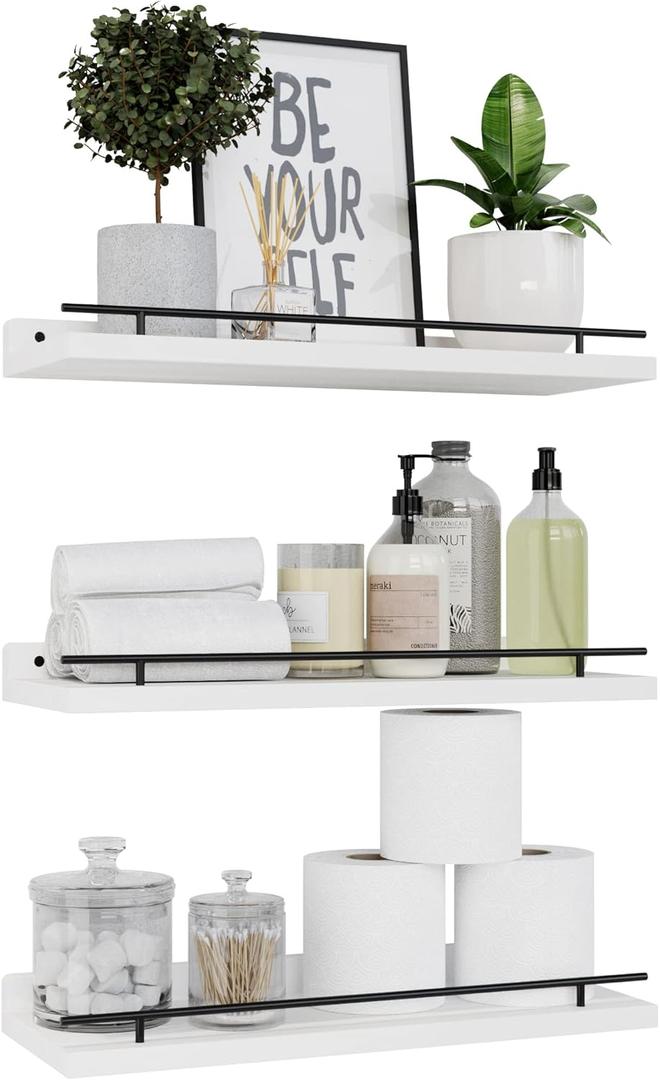 WOPITUES Floating Shelves with Black Metal Guardrail, Shelves for Wall Decor Set of 3, Wall Shelves for Bedroom, Bathroom, Kitchen, Living Room, Plants, Picture Frames, Art- Black and White (15.7 inch)