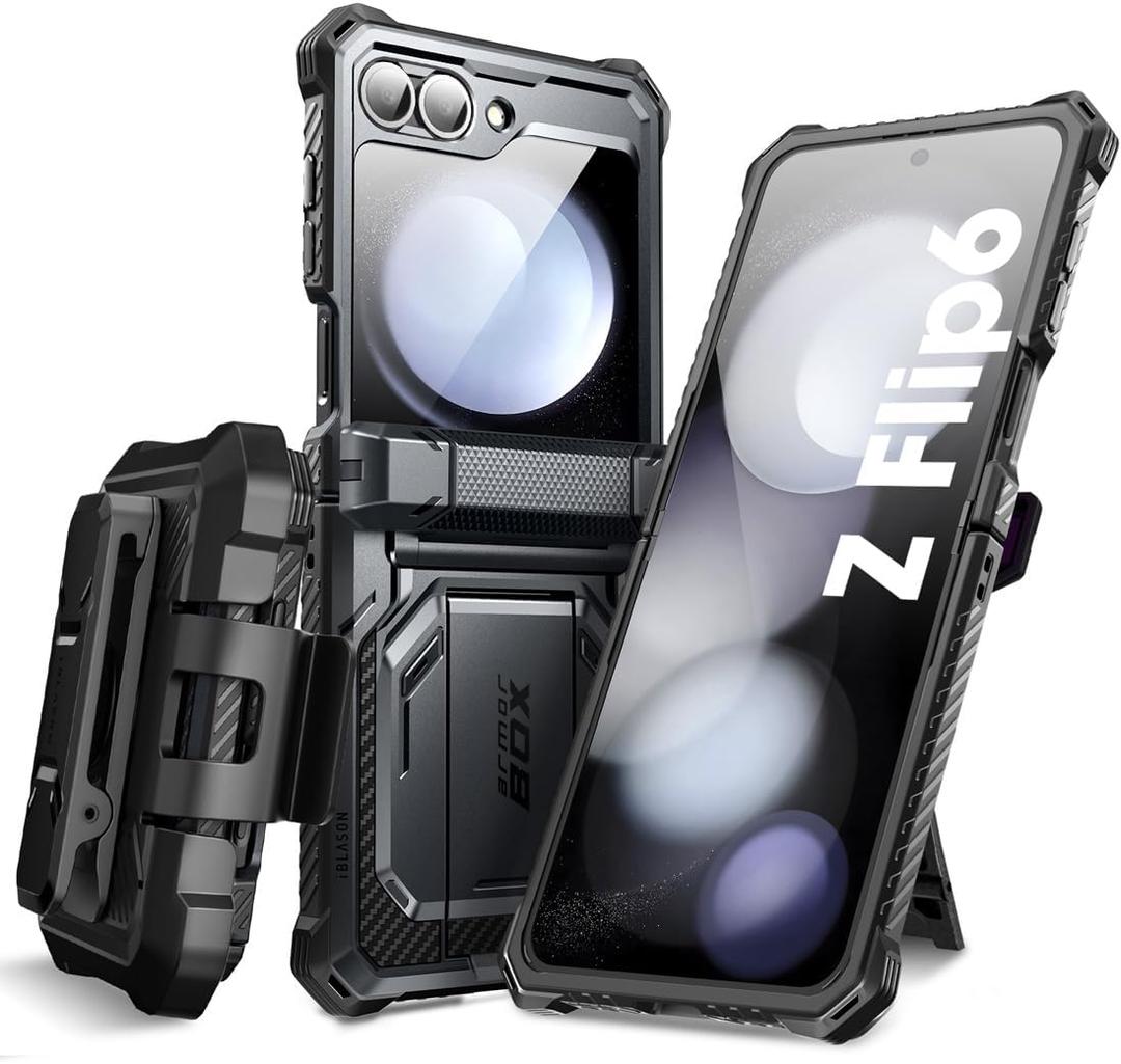 i-Blason for Samsung Galaxy Z Flip 6 Case, ZFlip 5 Case with Stand, [Built-in Screen Protector] [Hinge Protection] [Belt-Clip], Military Phone Case for Samsung Z Flip 7 FE/6/5, Armorbox, Black