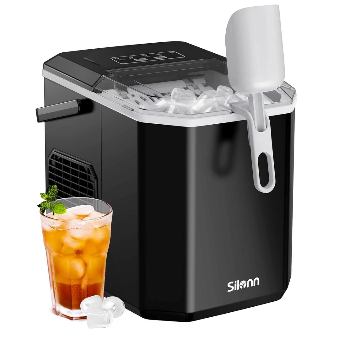 Silonn Ice Maker Countertop, Portable Ice Machine with Carry Handle, Self-Cleaning Ice Makers with Basket and Scoop, 9 Cubes in 6 Mins, 26 lbs per Day, Ideal for Home, Kitchen, Camping, RV (26lbs, Black)