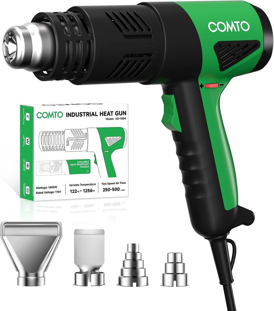 Heat Gun 1800W Fast Heating 122-1202 Heavy Duty Hot Air Gun Variable Temperature Control Overheat Protection 2 Speed Air Flow with 4 Nozzles for Crafts, Shrinking Tubing, Vinyl Wrap (SG-1004)