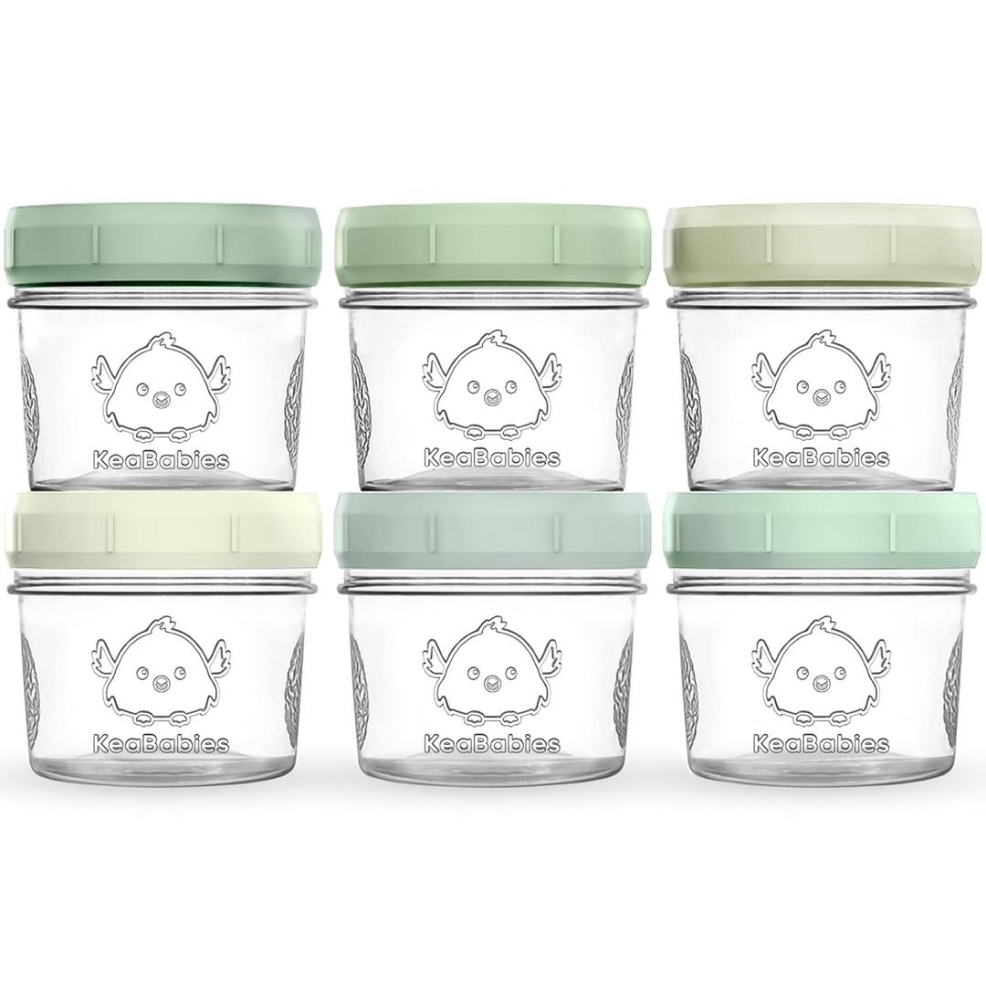 KeaBabies 6pk 4oz Glass Baby Food Containers with Lids - Leak-Proof, Microwavable Small Glass Jars, Baby Purees & Toddler Snack Storage Containers, BPA-Free, Dishwasher & Freezer Safe (Sage)