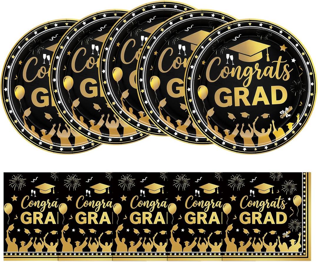 2 x 2026 Graduation Decorations : Black and Gold 9" Paper Plates and Napkins Set (20-Pack) – Class of 2026 Disposable Graduation Party Supplies and Table Decorations