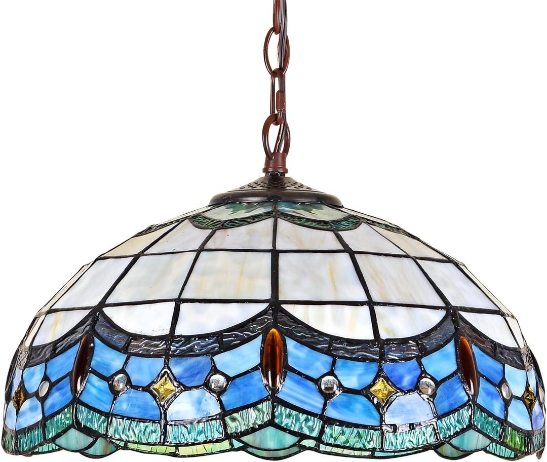 Tiffany Pendant Light Fixture 2 Lights 16 Inch Blue Victorian Style Stained Glass Hanging Lamp Decor for Dining&Living Room Kitchen Island Study Hallway Counter