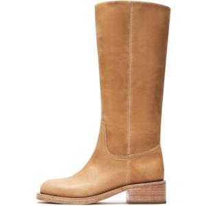 DOEYG Women's Banana Knee High Boots Square Toe Chunky Block Heel Tall Boots Wide Calf Fashion Comfortable Casual Pull on Long Boots (7.5, Tan)