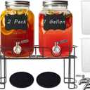 1 Gallon Glass Drink Dispensers for Parties,2 Pack Beverage Dispenser with Stand and Stainless Steel Spigot,Glass Water Lemonade Dispenser with Ice Cylinder for Party Drink,Iced Tea,Kombucha