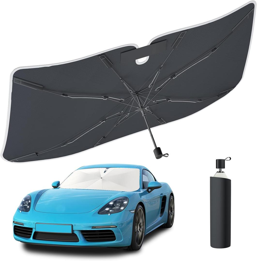 Tecoom Umbrella Sun Shade for Car Windshield 57"x32", Upgrade Double Heat Shield Coating, Front Vehicle Window Visor Sunshade Cover Universal for Sedan SUV, Automotive Interior Sun Protection UV Block