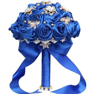 7.1" Handmade Satin Rose Bridal Bouquet Toss Round Wedding Bouquet Throw Toss Artificial Flower Bunch Royal Blue