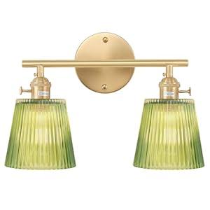 Shenmoyl Bathroom Light Fixtures, 2-Light Brass Vanity Wall Light Over Mirror with Green Striped Glass Shade for Bedroom Living Room