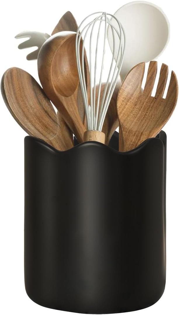 Ceramic Utensil Holder for Kitchen Counter, 6.2" Kitchen Utensil Holder with Cork Bottom for Countertop, Modern Scalloped Cooking Tool Organizer for Spatula, Matte Black