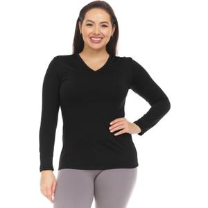 Thermajane Long Sleeve V Neck Thermal Shirts for Women Cold Weather, Womens Thermal Underwear Tops, Base Layer Women Thermal (Black, X-Large)