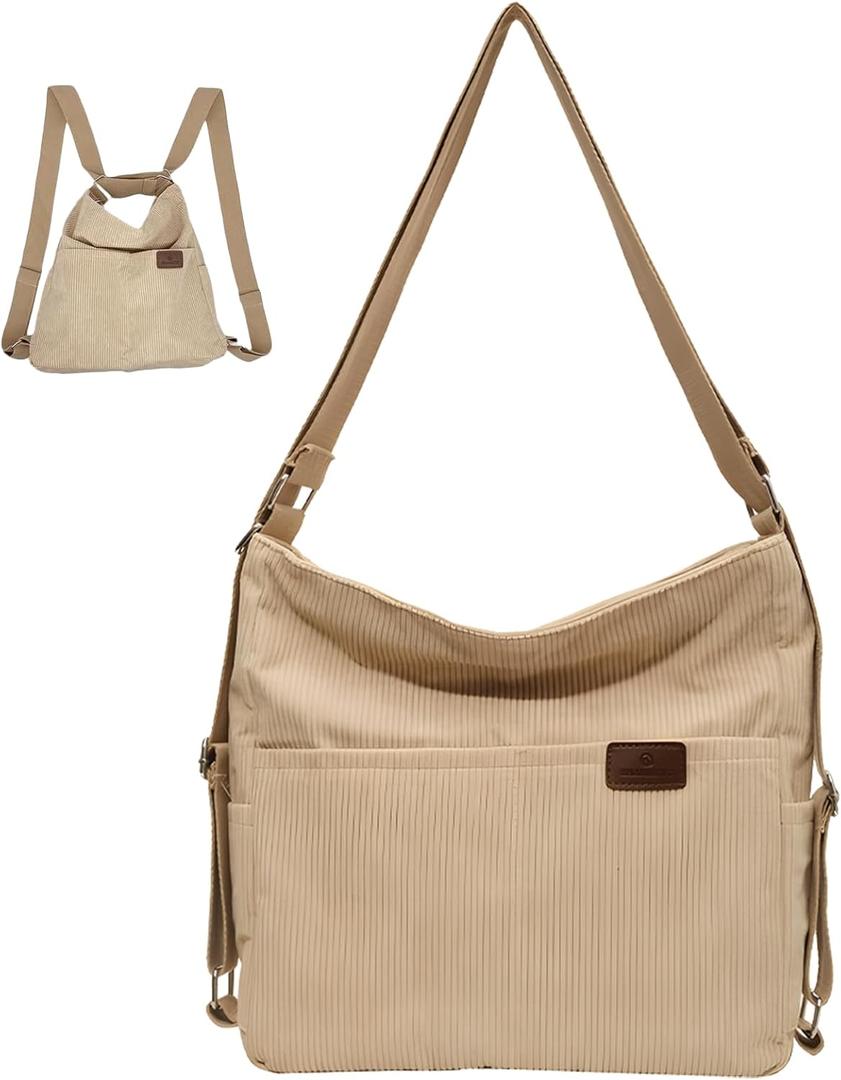 Corduroy Shoulder Tote Bag for Women Large Capacity Multi-Pocket Shoulder Bag Everyday Bag for Women Work Travel College Beige Everything Tote Bag