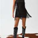 BEAUDRM Women's Boho Fringe Mini Dress Club Party Dresses Sleeveless Tassel Cowgirl Outfits Black X-Large