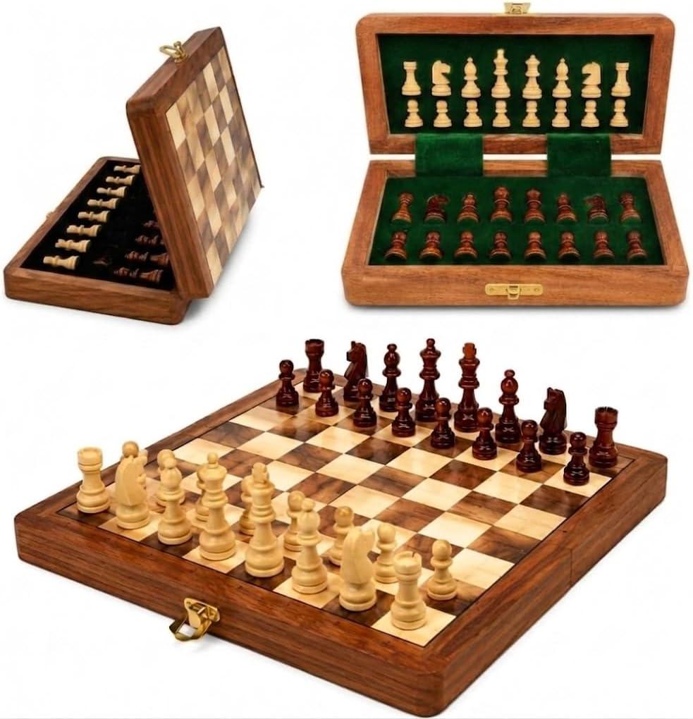Crafted Chess Art- 7" Magnetic Wooden Chess Set for Adults & Kids with Handmade Pieces, Folding Portable Travel Unique Chess Set Game for Tournament Professional Beginner (Acacia & Maple Wood)