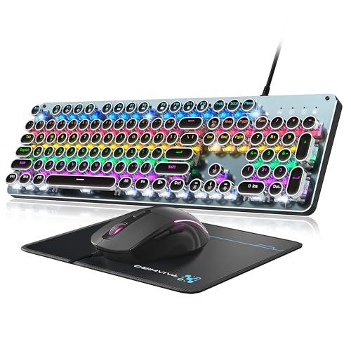 Typewriter Style Mechanical Gaming Keyboard Blue Switch, Rainbow LED Backlit Wired Computer Keyboards Mouse and Pad Combo, Metal Panel Retro Punk Round Keycaps, 104 Keys Anti-Ghost for PC Laptop Gamer, Metallic Silver