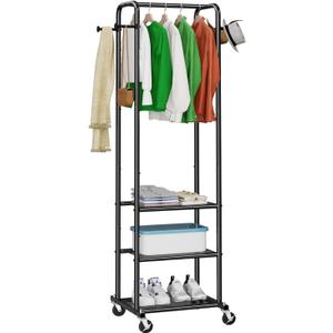 Garment Rack with Storage Shelves, Heavy Duty Rolling Clothes Organizer on Wheels for Hanging Clothes, 73 Inches Small Clothing Racks, Black