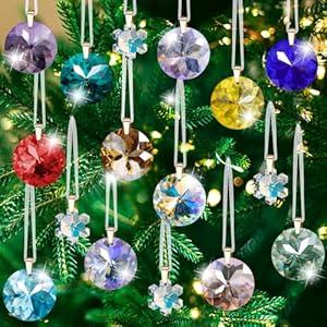 Worgree Crystal Christmas Ornaments Set, 16 Pcs Mini Colorful Crystal Glass Christmas Balls Ornaments for Xmas Tree Decorations Decorative Hanging Crystals Prism Ornaments for Wedding Party Home Decor